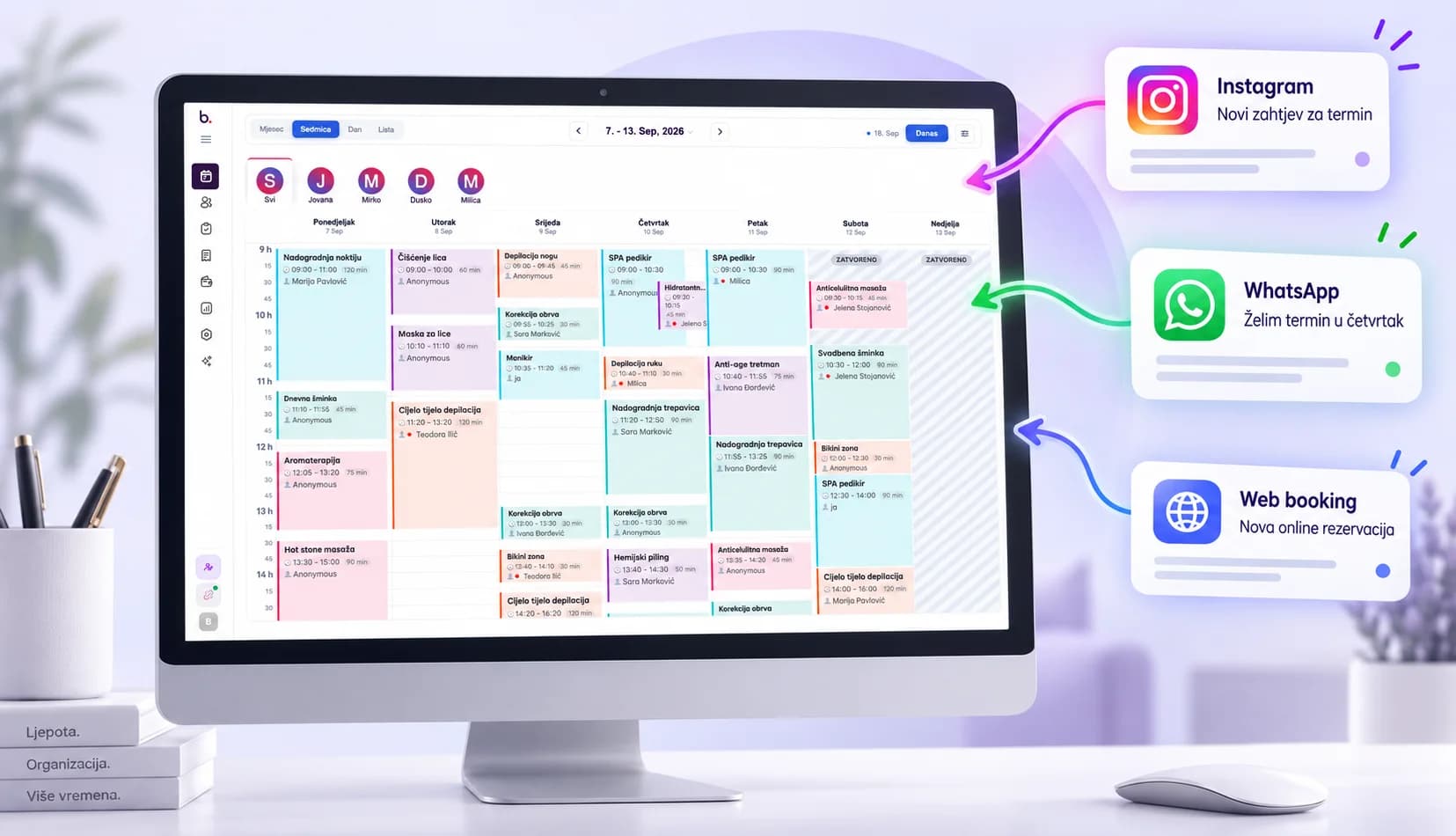 Buky kalendar na računaru sa zahtjevima iz Instagrama, WhatsAppa i web bookinga