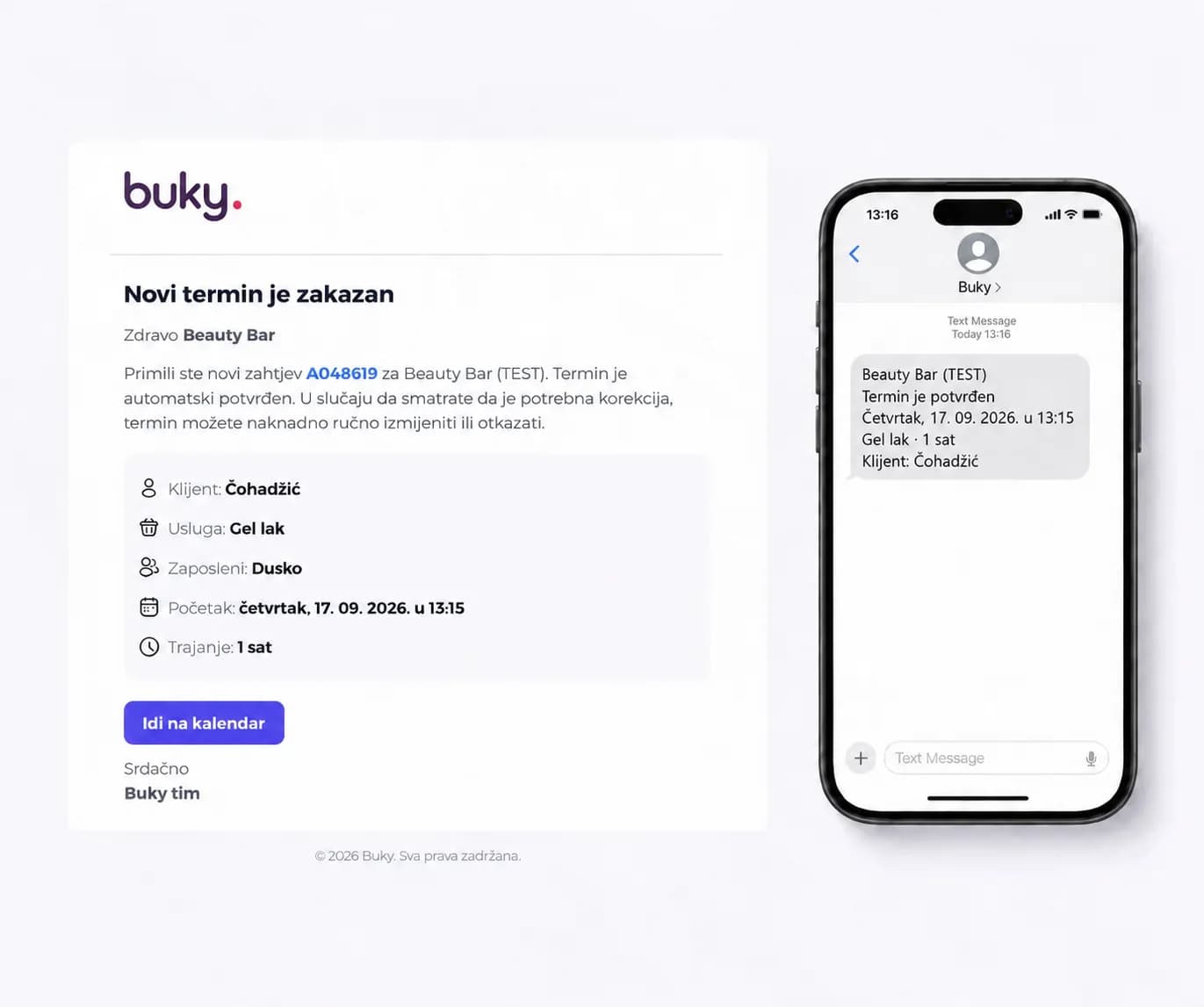 Buky potvrda termina uz SMS podsjetnik na telefonu za klijenta